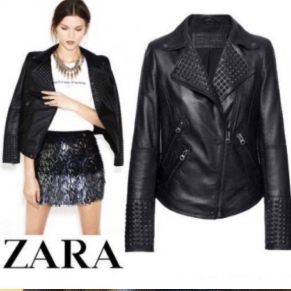 Zara women's studded leather biker jacket small medium black - Picture 3 of 15